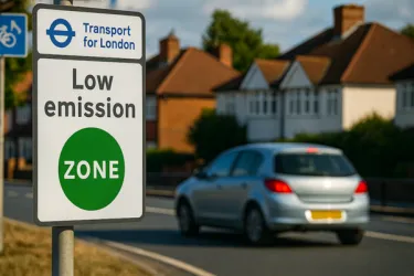 A low-emission zone sign on a city street.